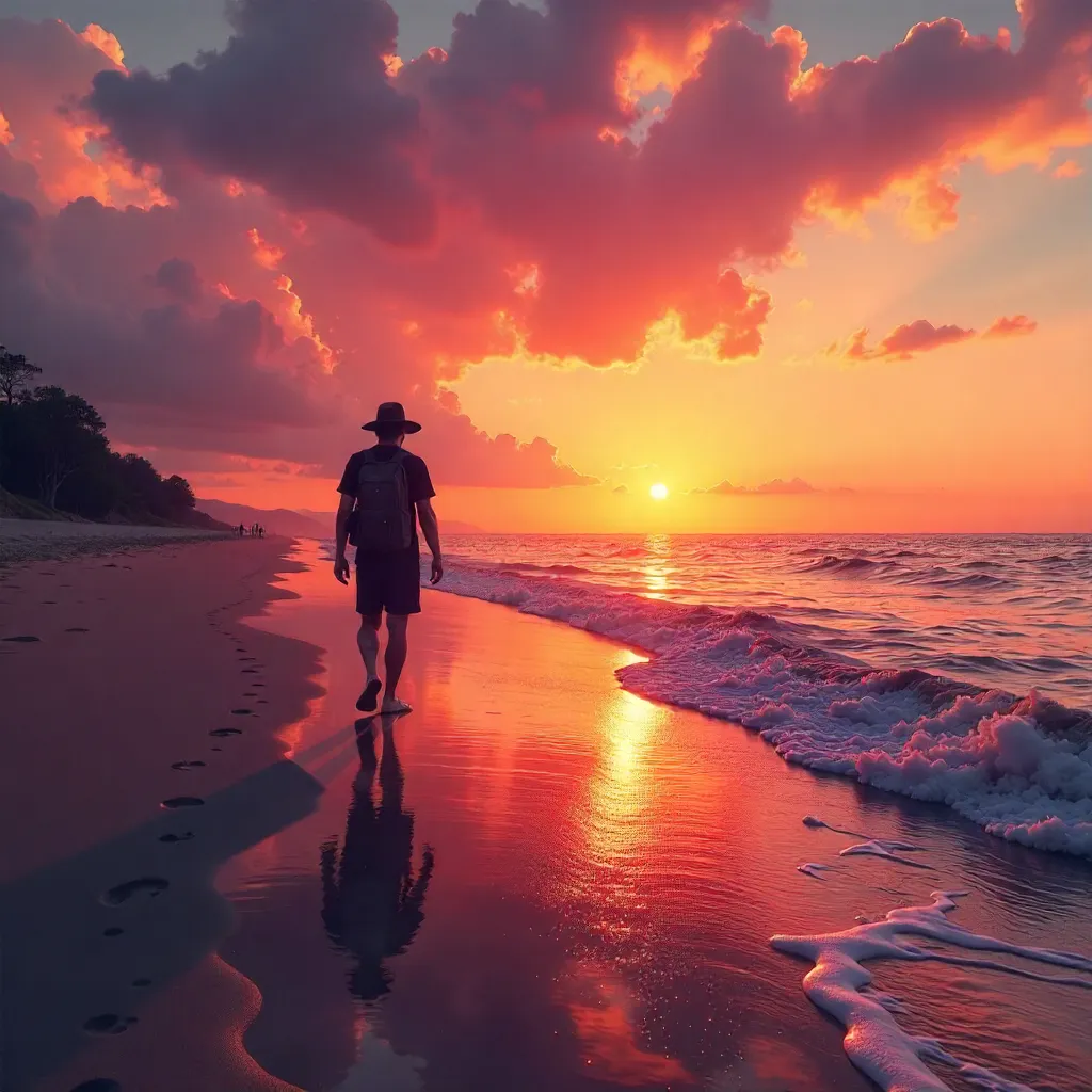 Sunset Silhouette: Lone Traveler on the Beach