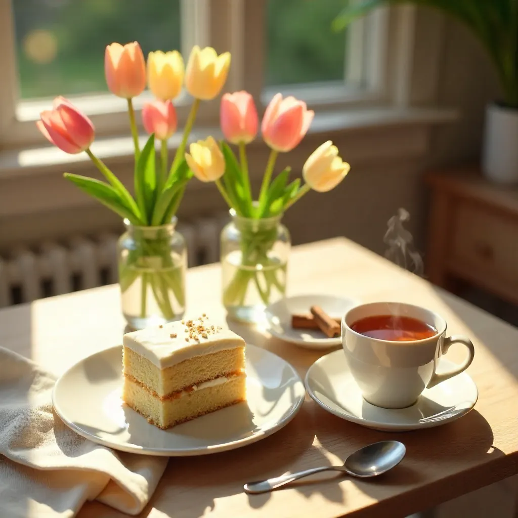 Serene Brunch: Cake, Tulips, and Chai Tea