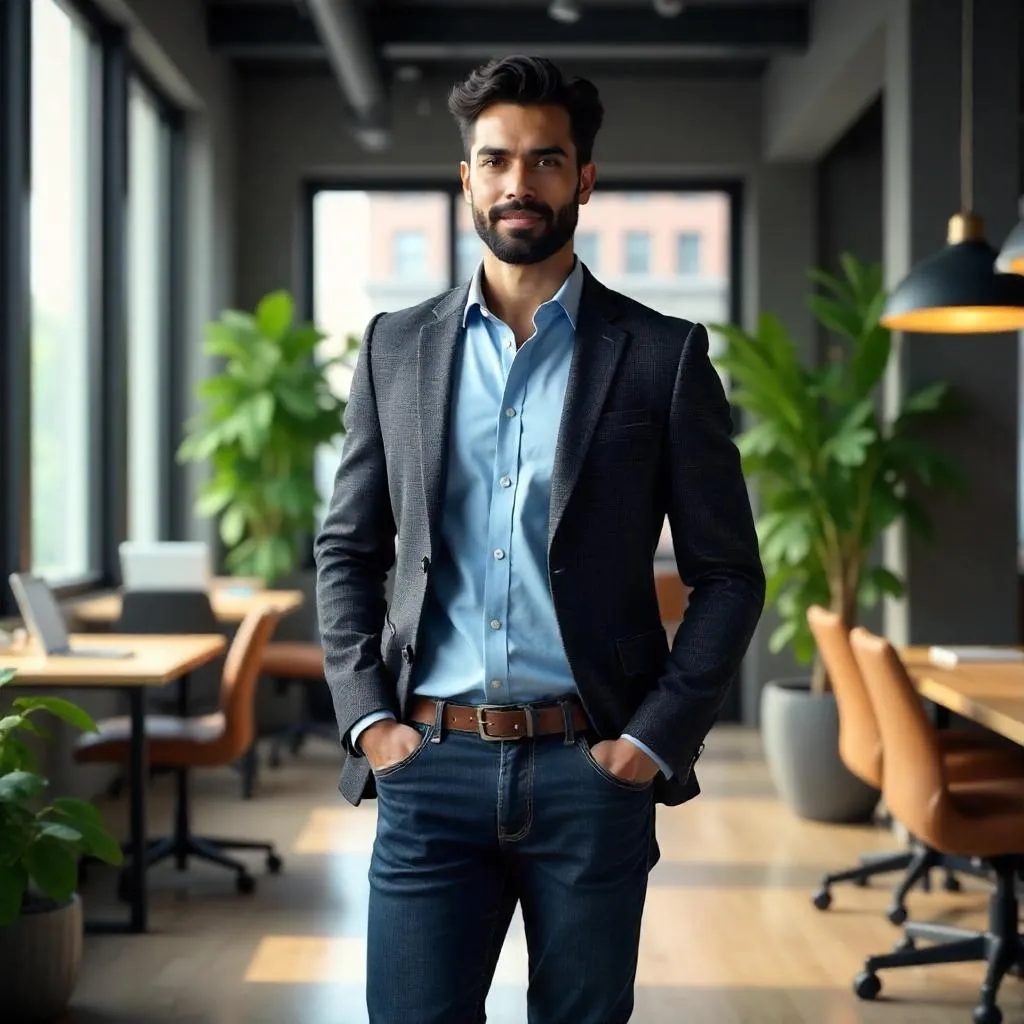 Confident Latino Man in a Modern Coworking Space