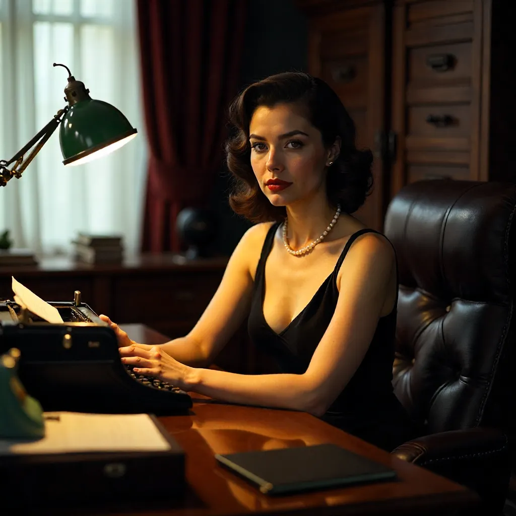 Pensive Young Woman in Black at a Vintage Typewriter