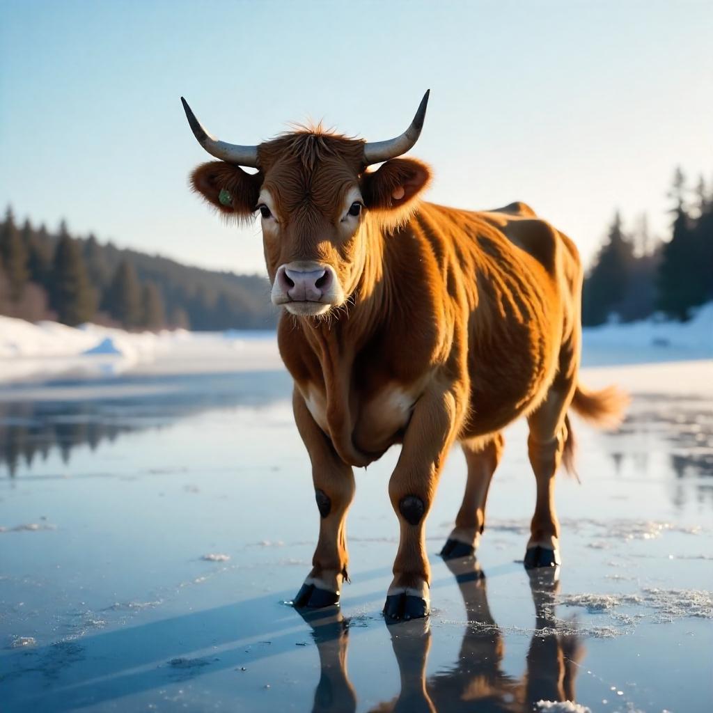 Photoreal cow on a frozen lake at sunset