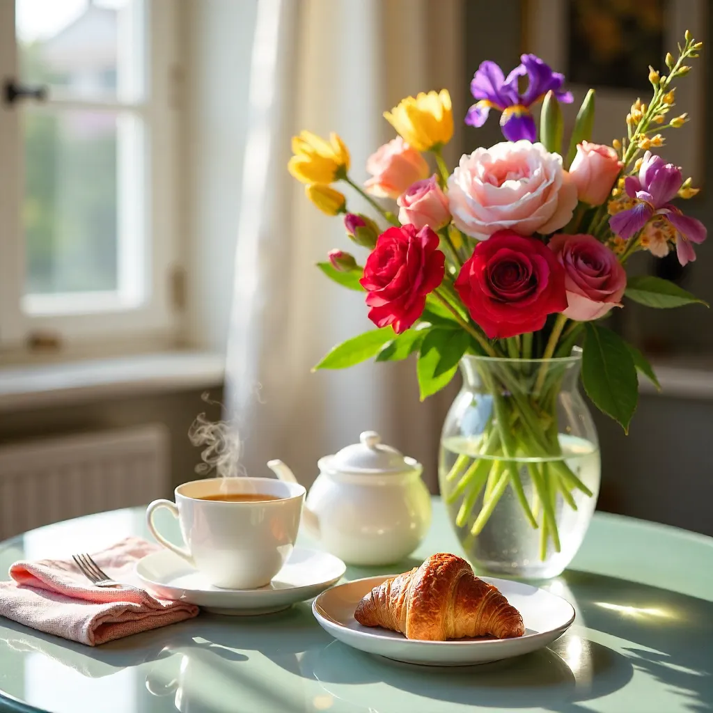 Glass Table Morning: Tea, Croissant, and Florals