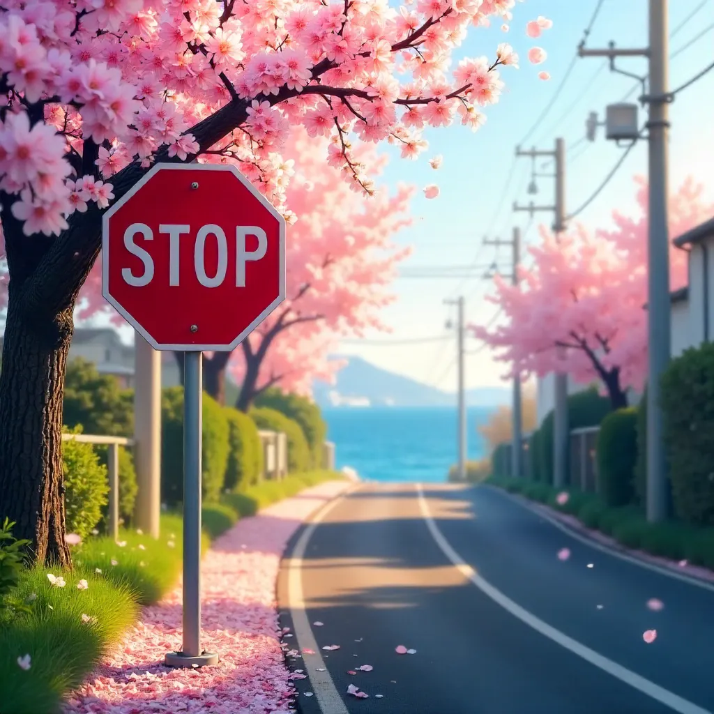 Stop Sign Amid Cherry Blossoms in Atami, Spring