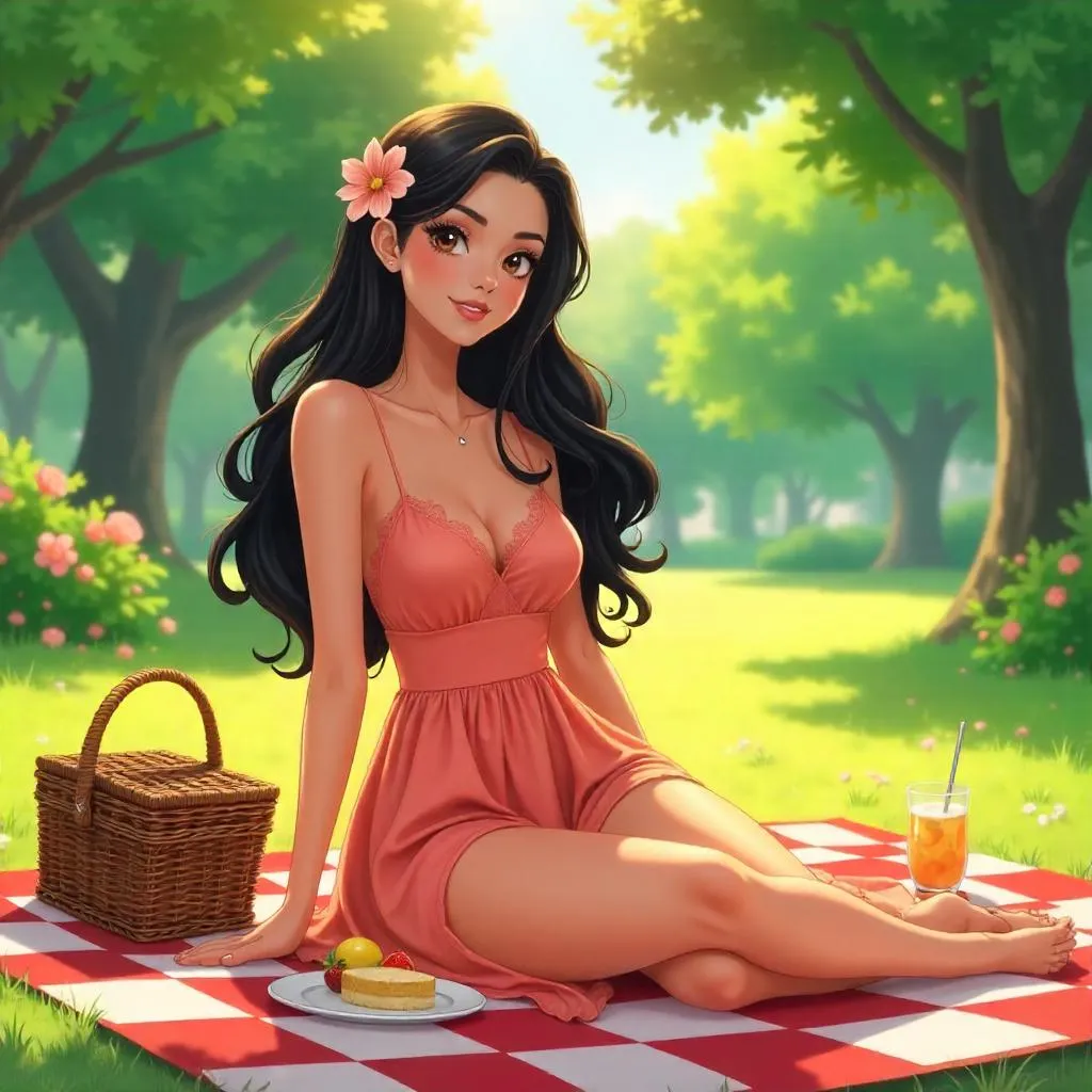 Elegant Latina Woman at a Picnic in Anime Style
