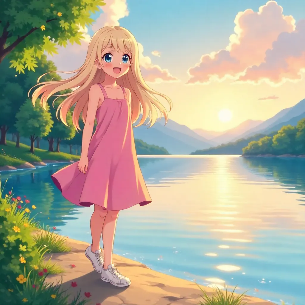 Cheerful White Girl by the Lake in Anime Style