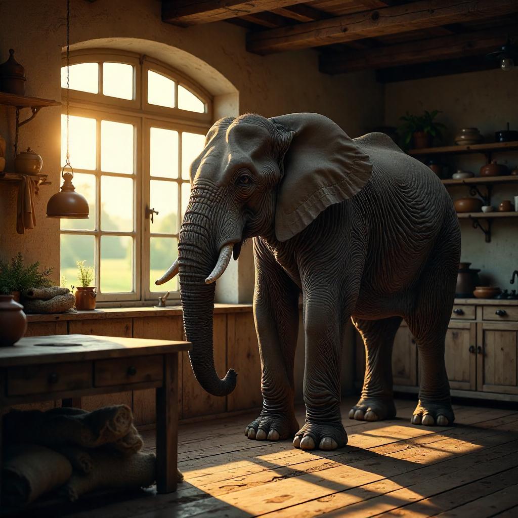 Photorealistic Elephant in a Rustic Farmhouse Kitchen