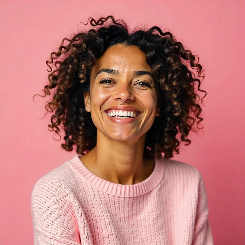 Joyful Woman in Pink Sweater