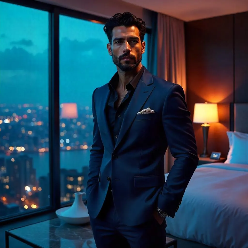 Neon-lit Latino Fashion Portrait in a Hotel Room