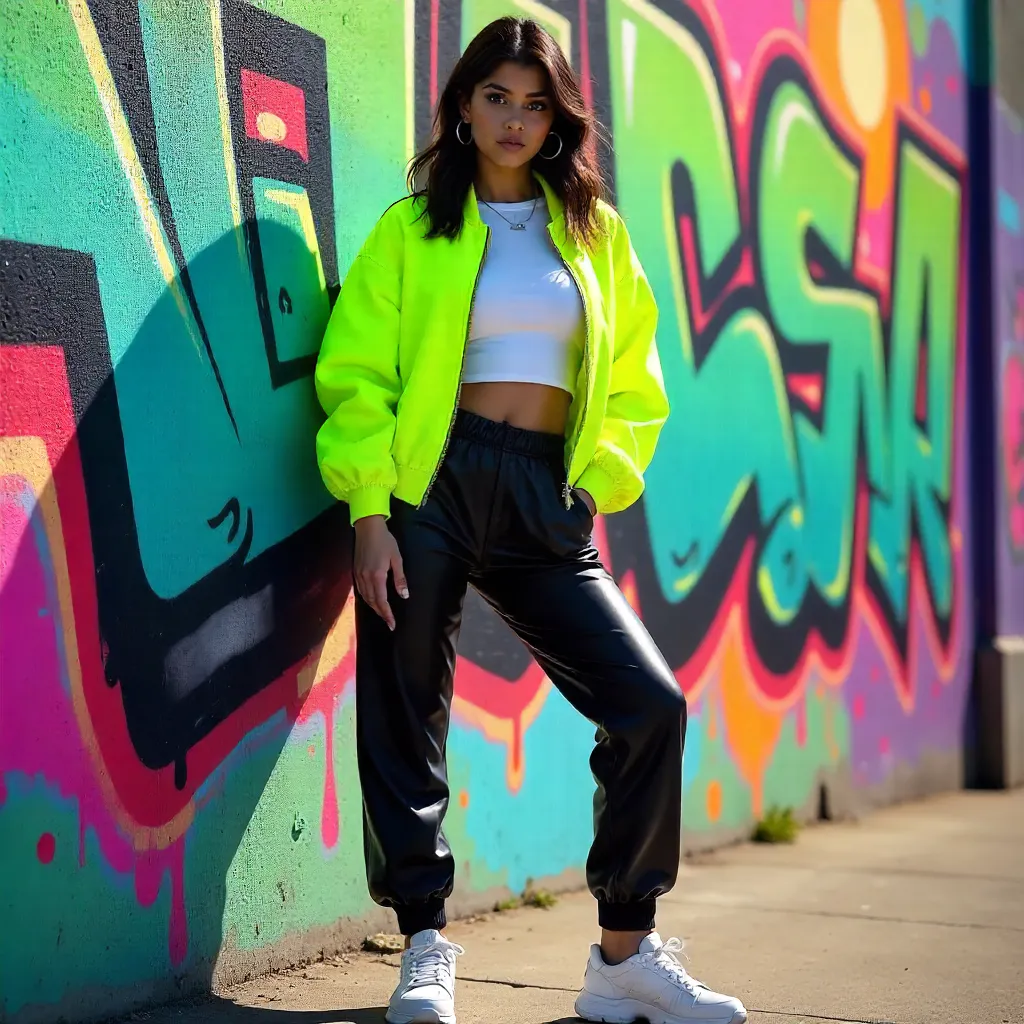 Confident Woman Stands Against Vibrant Graffiti Wall