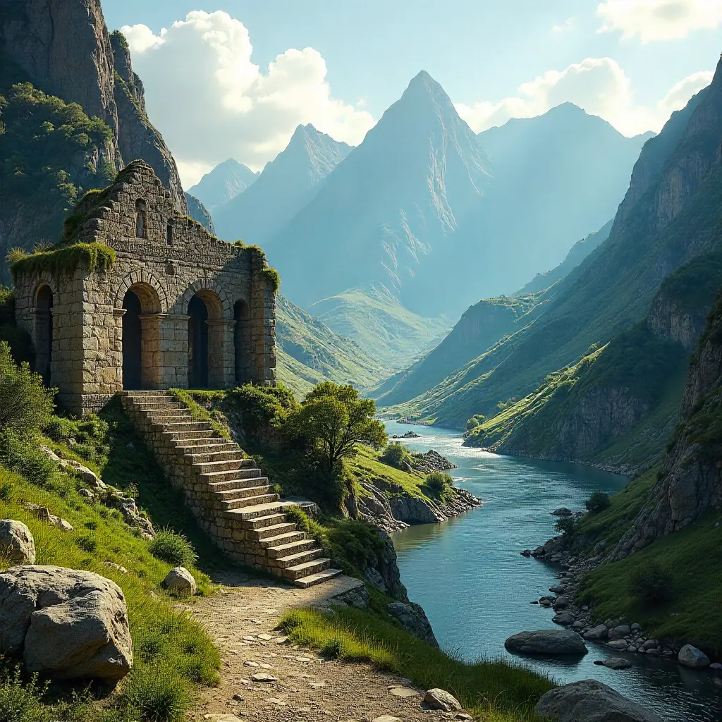 Ancient Ruins by a Winding River under Bright Mountains