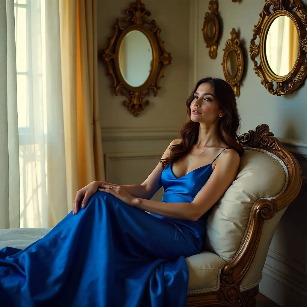 Blue Dress in a Room of Artistic Mirrors