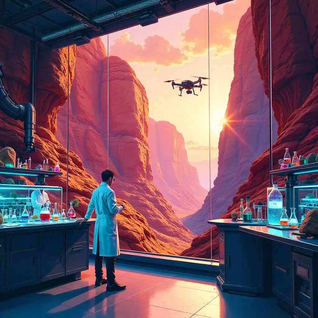 Neon Anime Canyon Inside a High-Tech Laboratory
