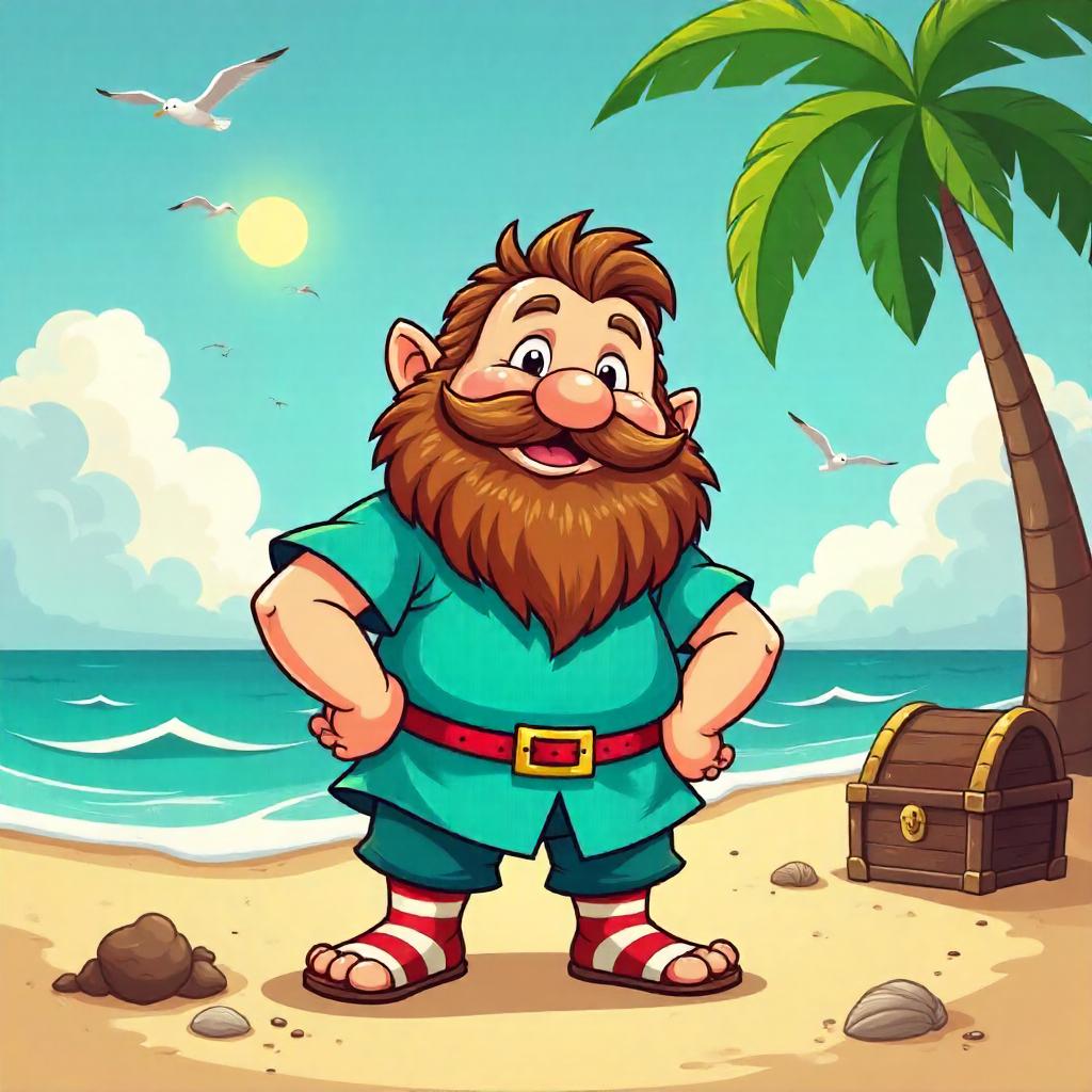 Beachbound Cartoon Dwarf on Sunny Sands