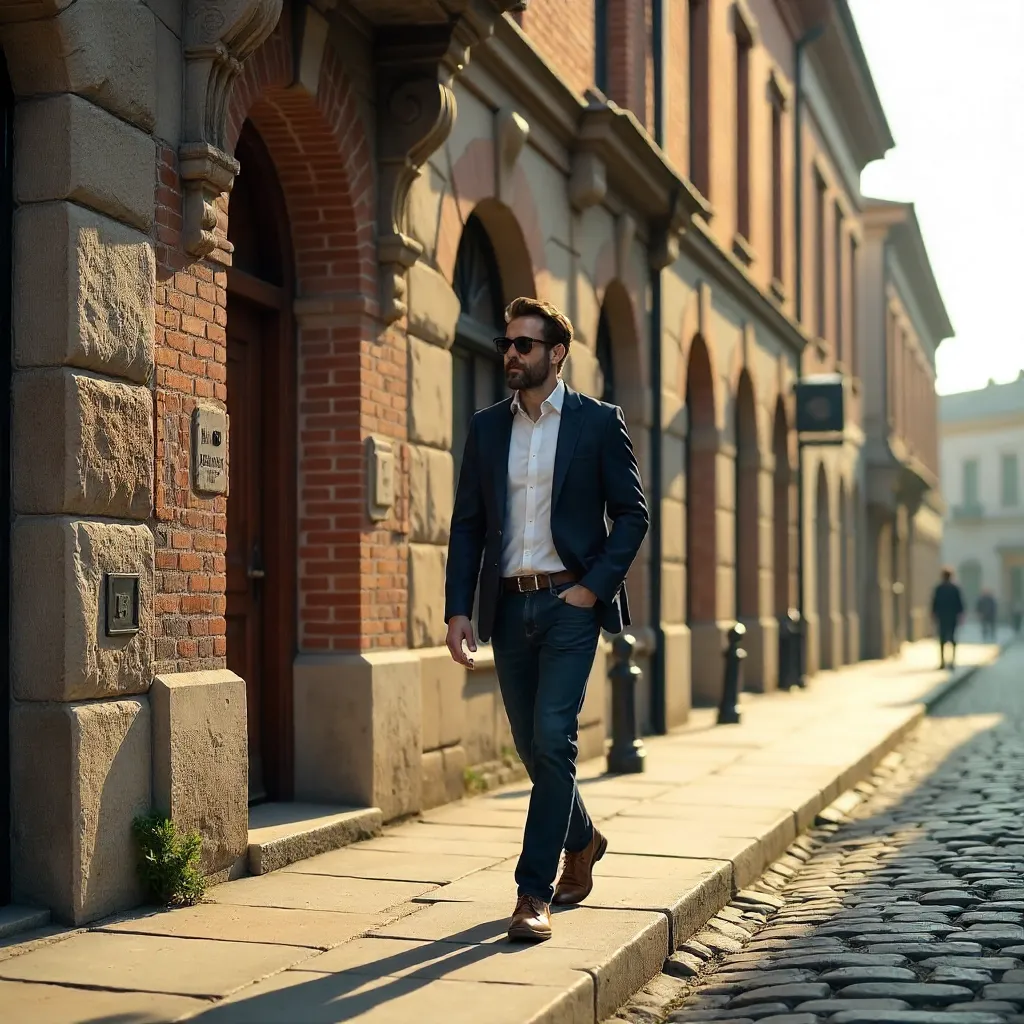 Strolling Past a Historic Stone and Brick Facade