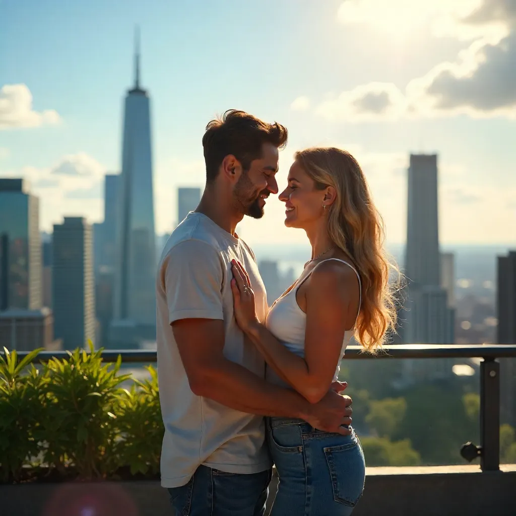 Sunny Rooftop Embrace Over City Skyline