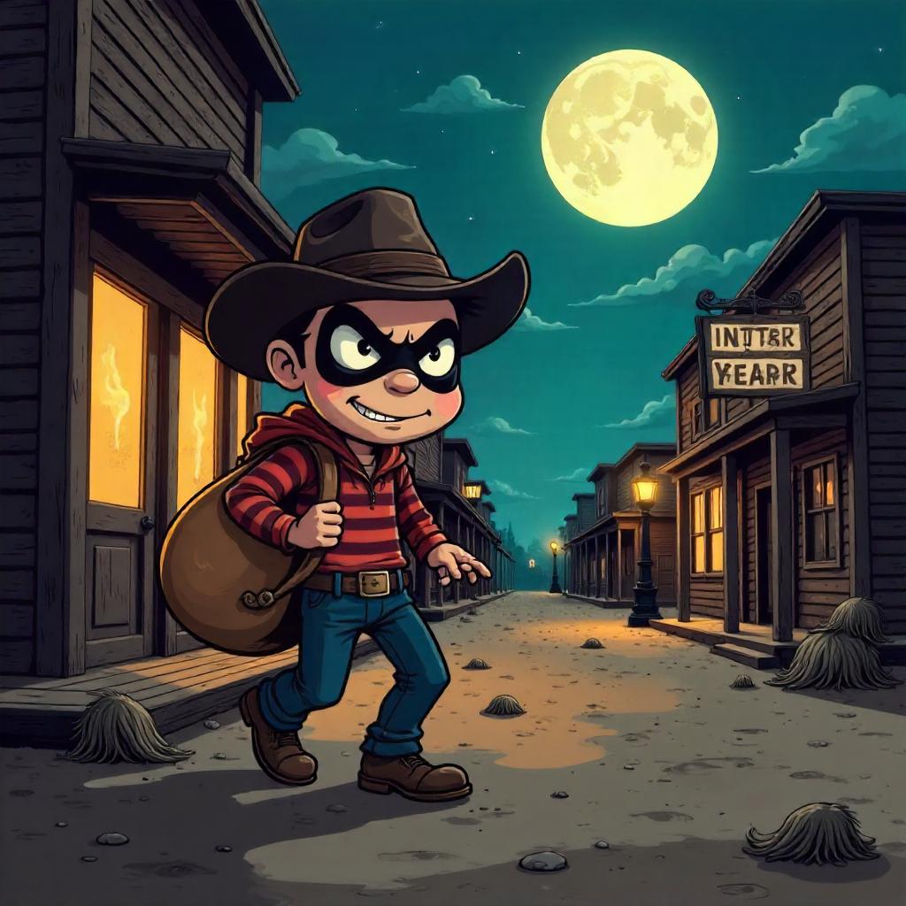 Moonlit Cartoon Thief in a Ghost Town