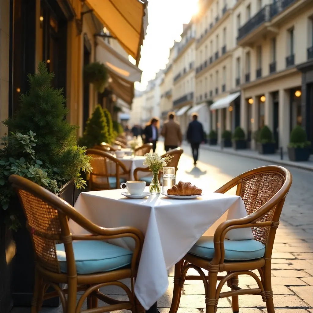 Cozy Paris Café: Rattan Chairs and White Tablecloth