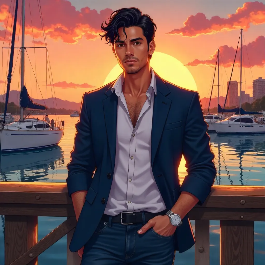 Handsome Latino Man at a Marina - Anime Sunset