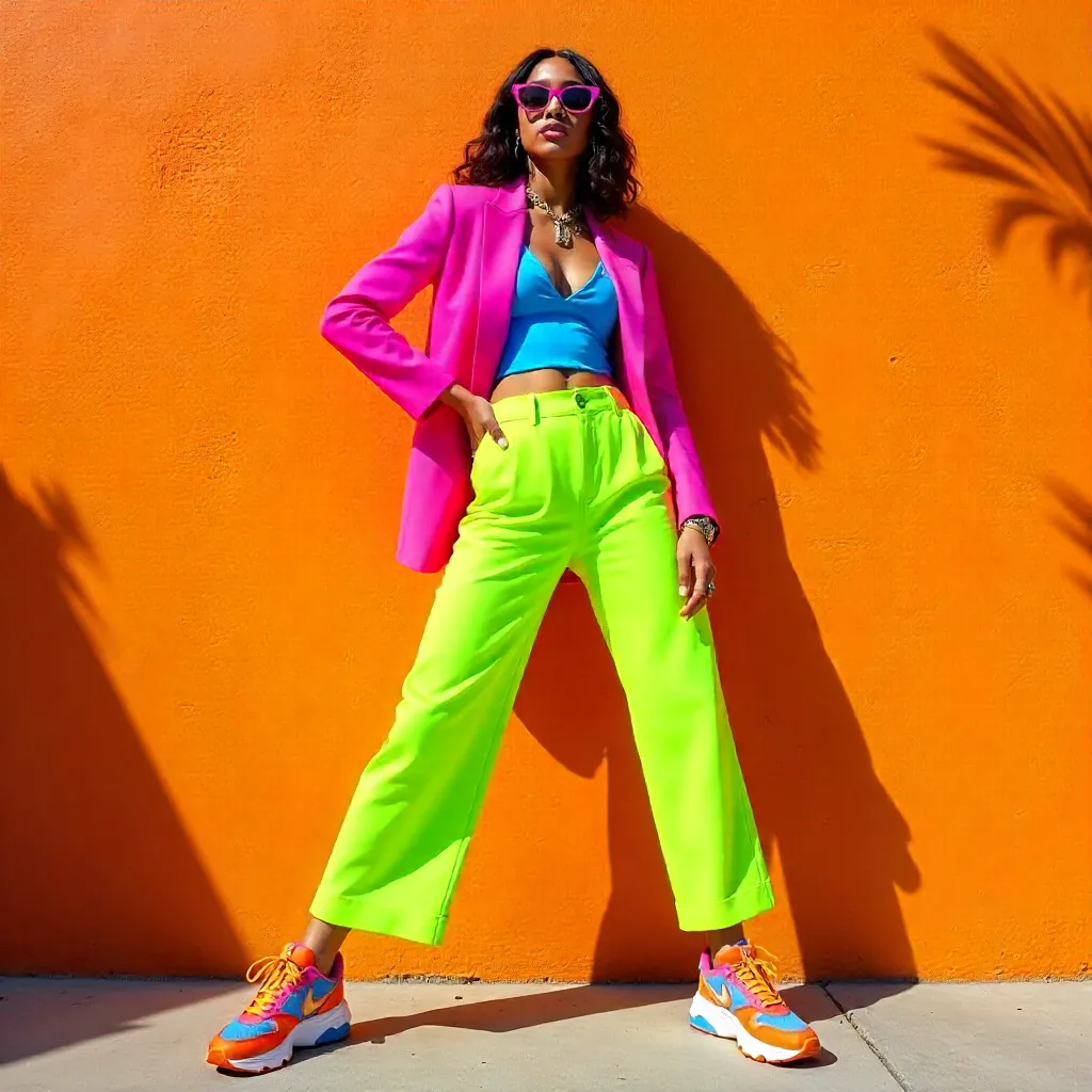 Colorful Fashionista Poses Against Fiery Orange Wall