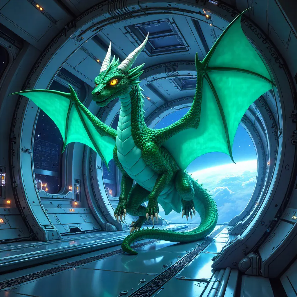 Anime Wyvern Aboard a Neon Spaceship