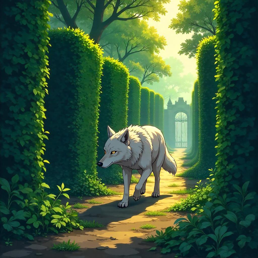 Lone Anime Wolf in Hedge Maze