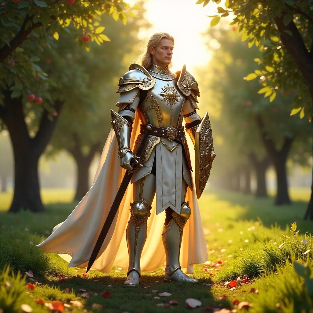 Paladin in a Sunlit Orchard: 3D Render