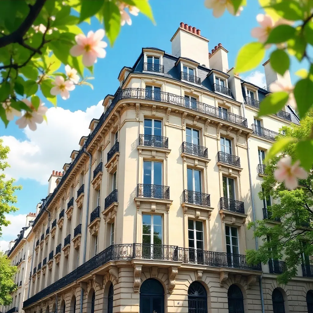 Elegant Parisian Building in Springtime with Trees