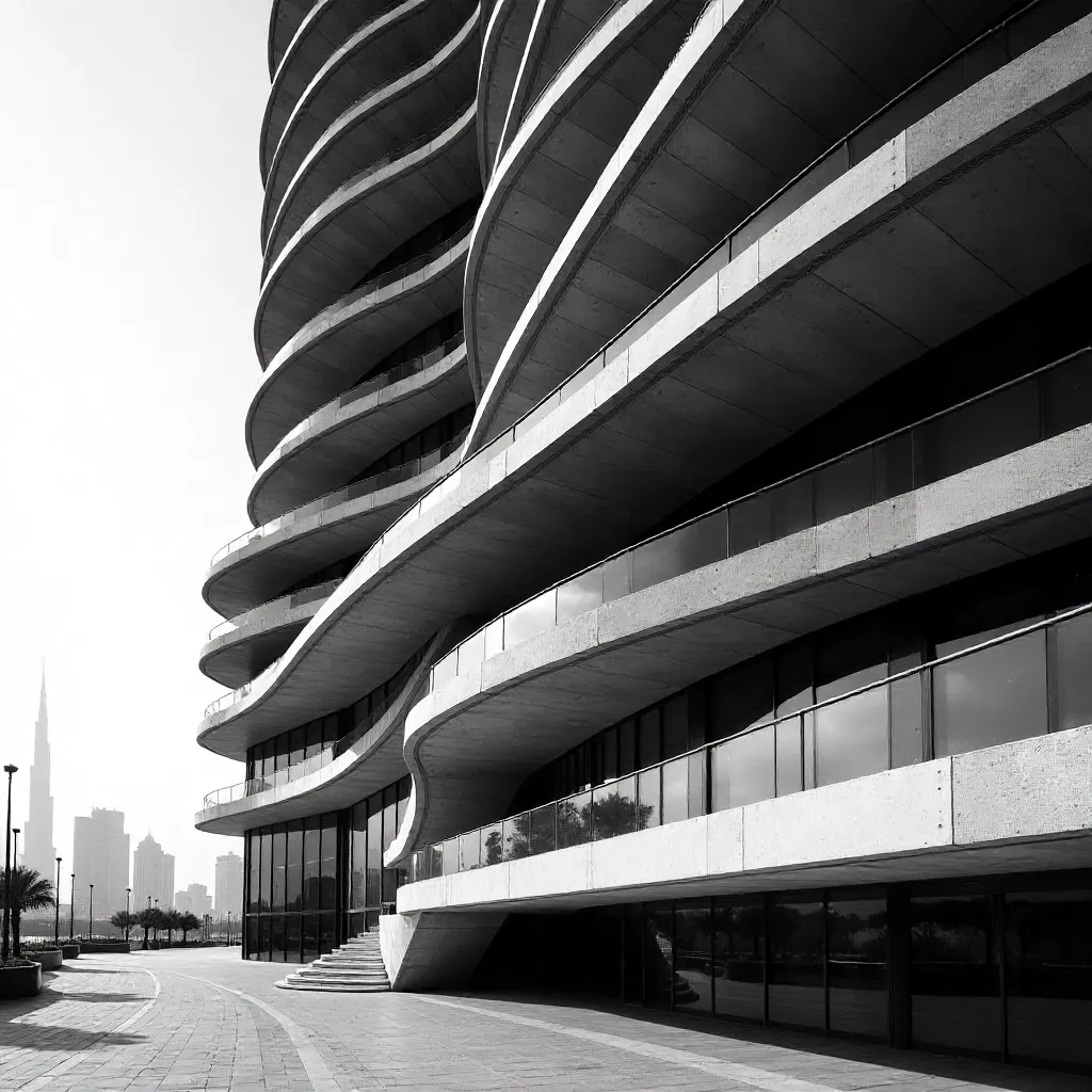 Monochrome Dubai Facade: Curved Balconies in Shadow and Light