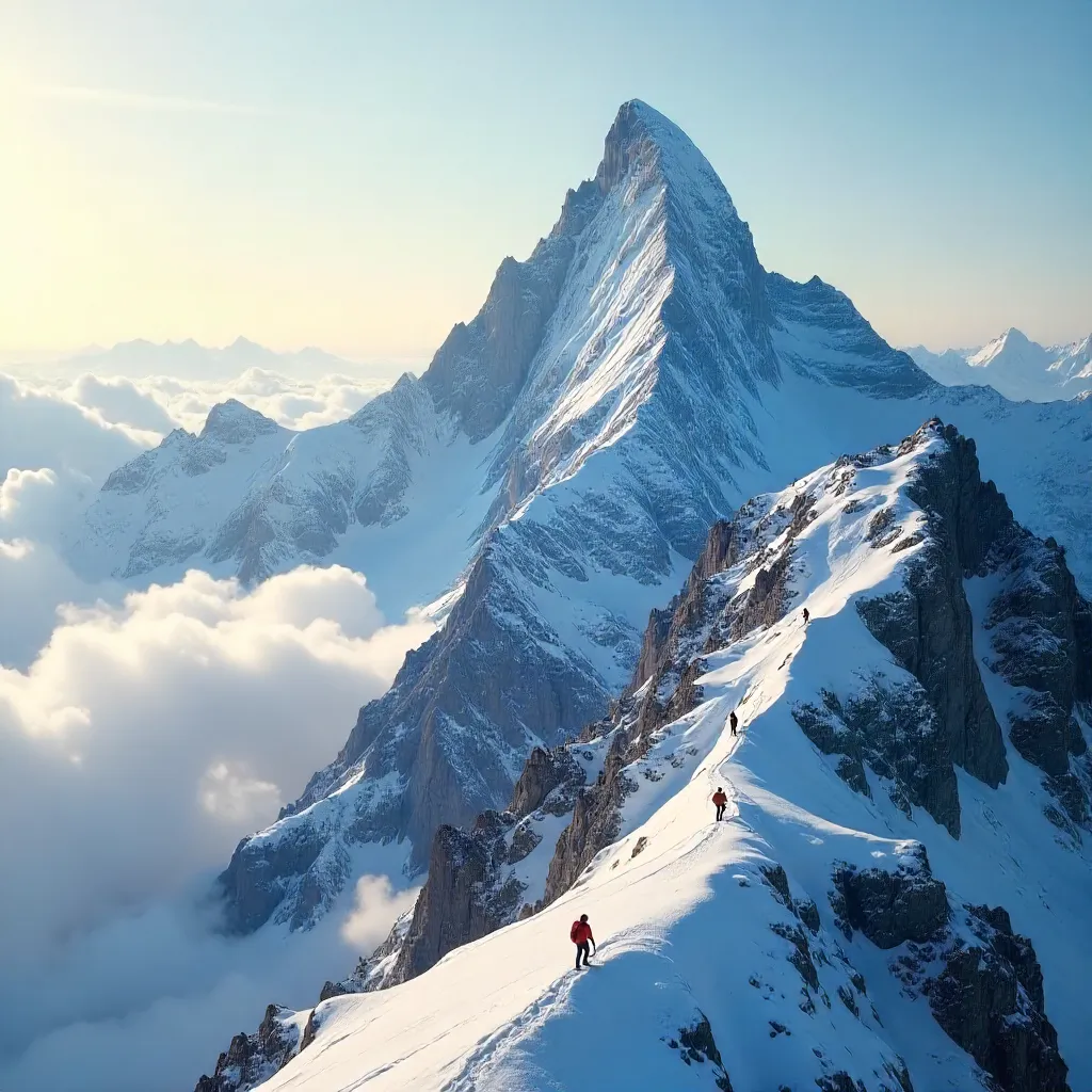 Snowy Summit Above a Sea of Clouds with Distant Hikers