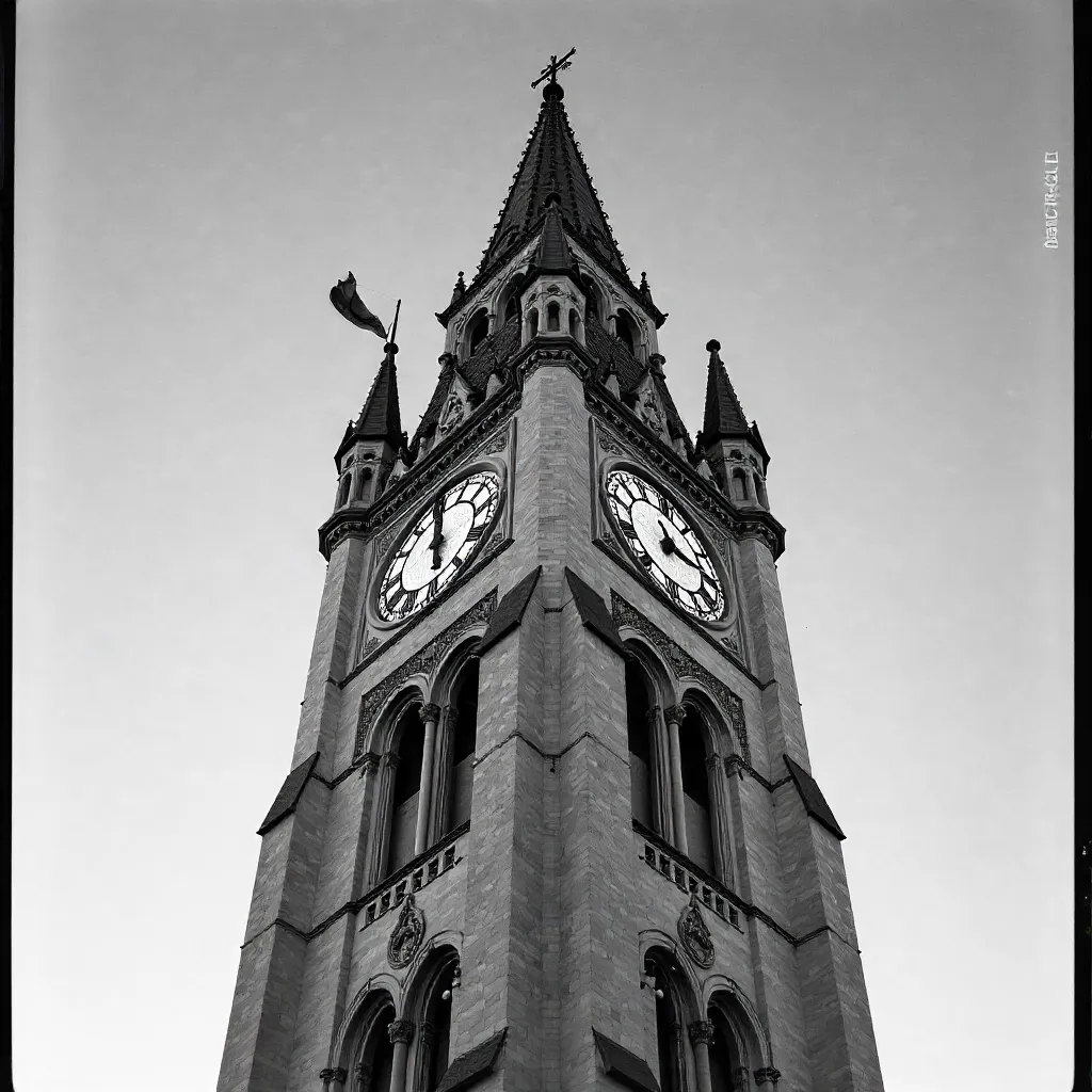 Monochrome Gothic Clock Tower under a Clear Sky