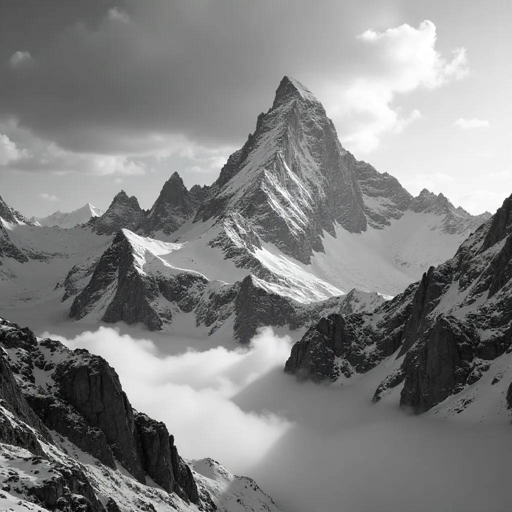 Monochrome Majesty: Snow-Capped Mountain Peaks