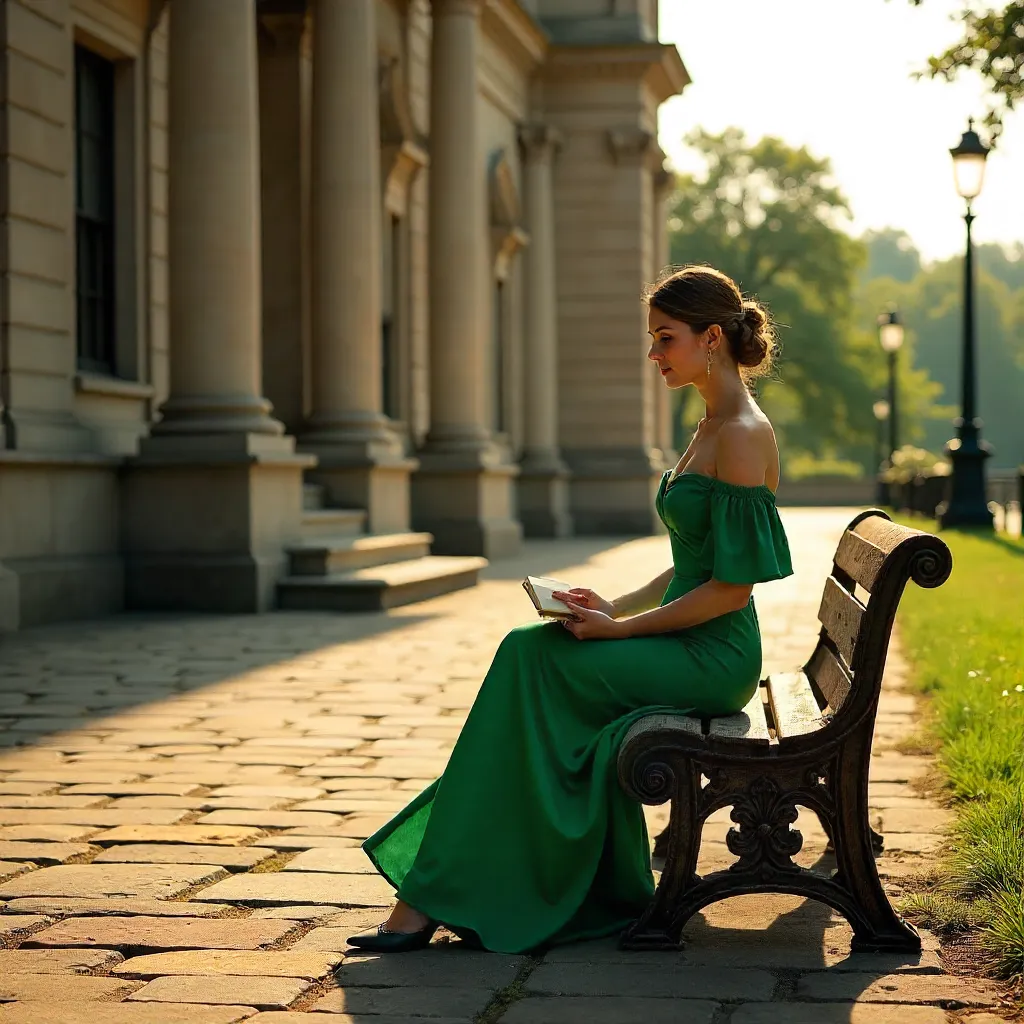 Green-Dressed Woman on a Bench by a Historic Building