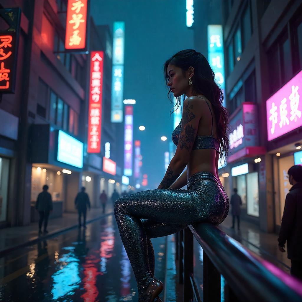 Neon Mermaid in a Cyberpunk Night Photograph