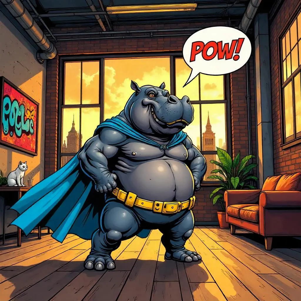 Hippo Hero in a Loft - Comic Book Style