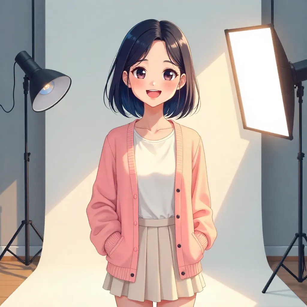 Cheerful Asian Woman in a Bright Studio - Anime Style