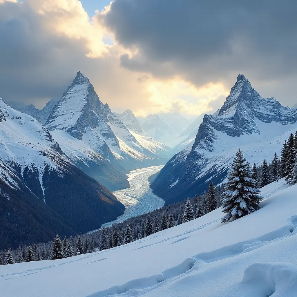 Majestic Swiss Alps: Snowfield Under a Dramatic Sky