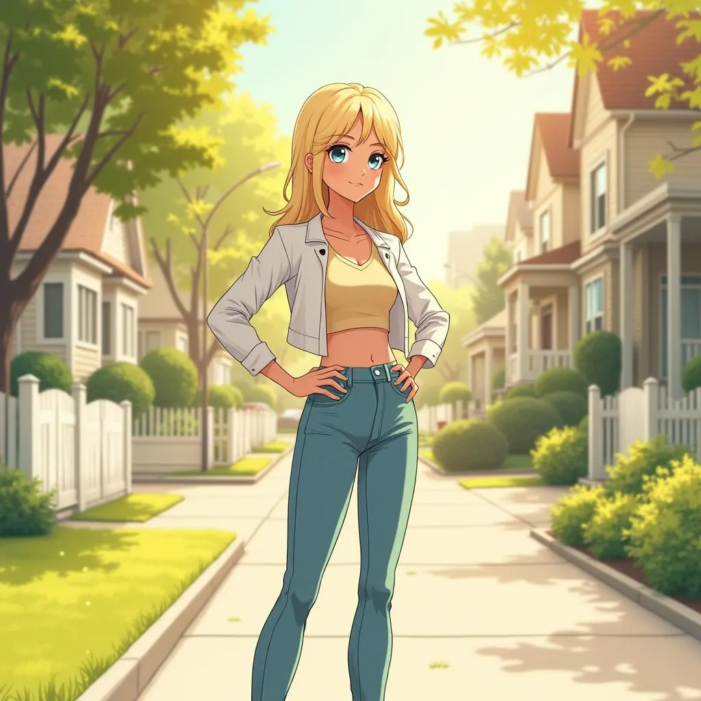 Confident White Woman in Suburban Anime Scene