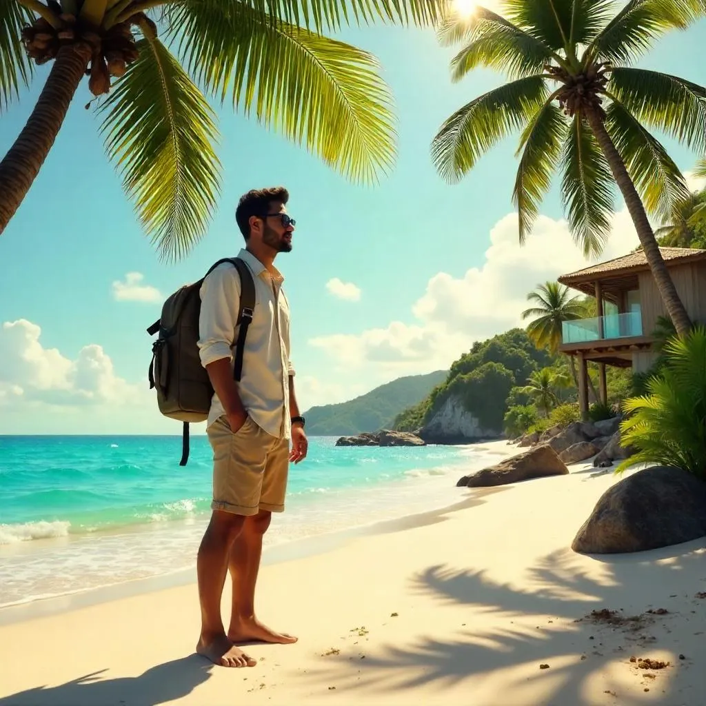 Concept Art: Young Latino Man at Beach Resort