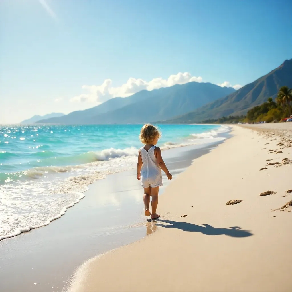Child Walking Across Serene Beach with Mountain Backdrop