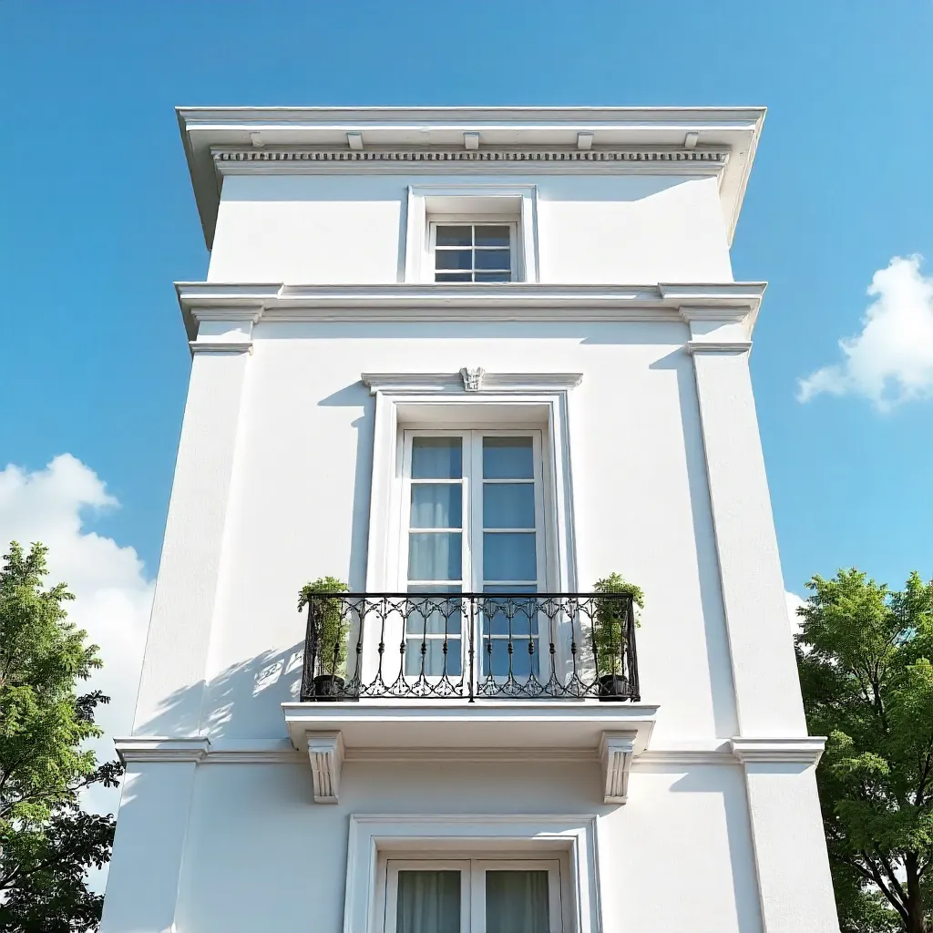 Elegant White Building with Balcony Under a Vibrant Blue Sky