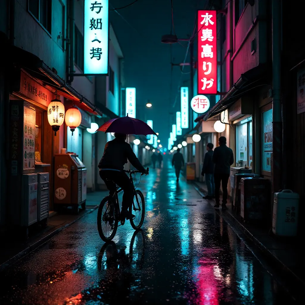 Neon Night Streets: Cyclist and Pedestrians in Japan