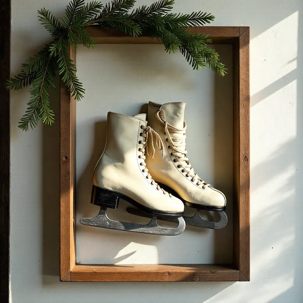 Vintage ice skates in a wooden frame on a rustic wall