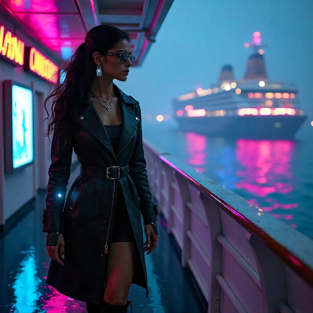 Neon Cyberpunk Indian Woman on a Cruise Ship