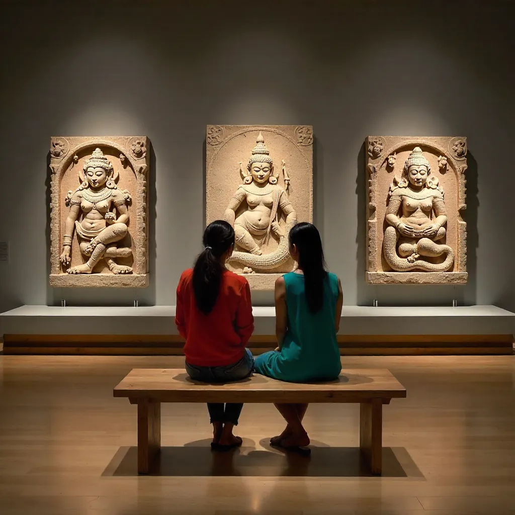 Two Women in a Gallery with Cambodian Stone Carvings