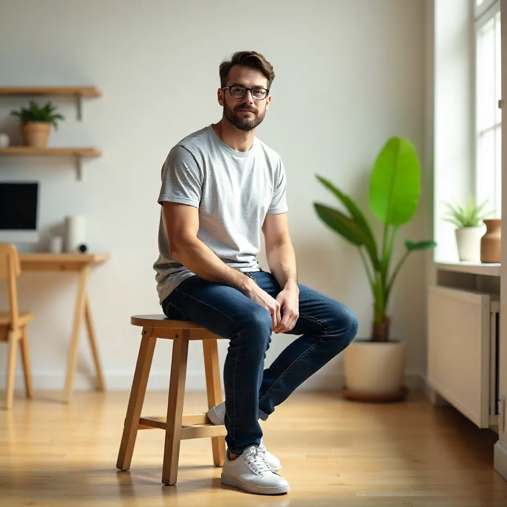 Casual Man on a Stool in a Bright Room