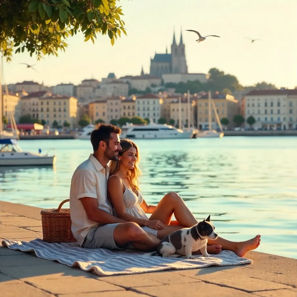Couple and Dog Relaxing by Marseille Harbor Sunset