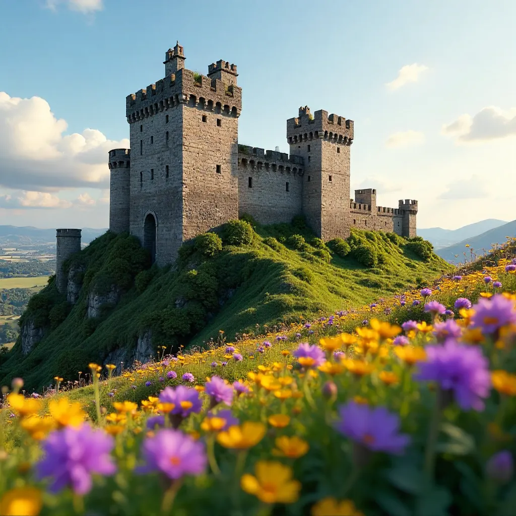 Purple and Yellow Flowers Framing a Historic Fortress