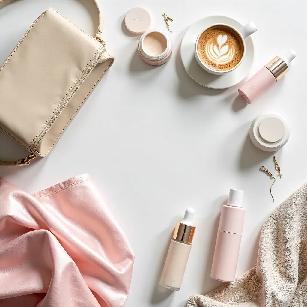 Flat Lay of Trendy Asian Cosmetics & Coffee