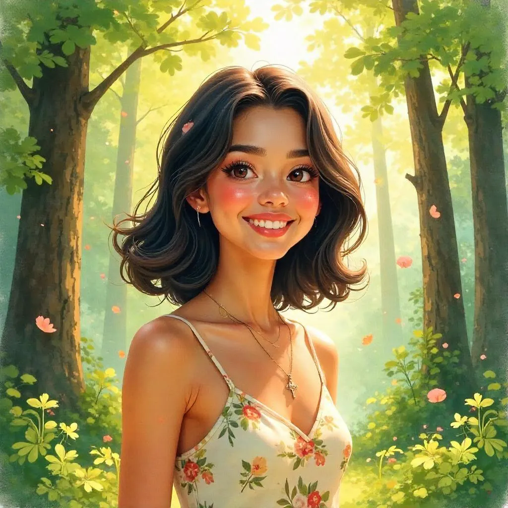 Cheerful Latina in a Watercolor Forest