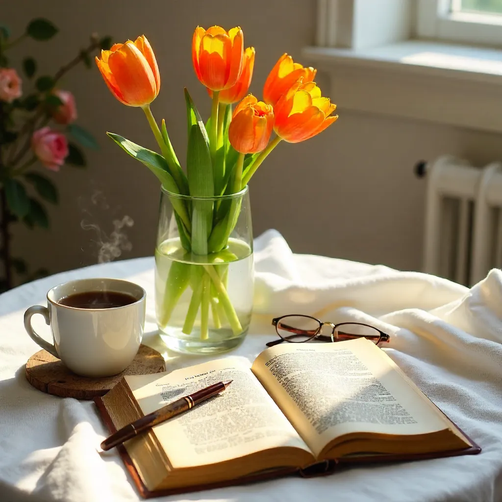 Cozy Orange Tulips, Coffee, and a Vintage Book